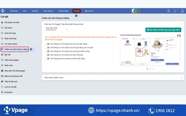 Tính năng Chăm sóc đơn hàng tự động từ Vpage 