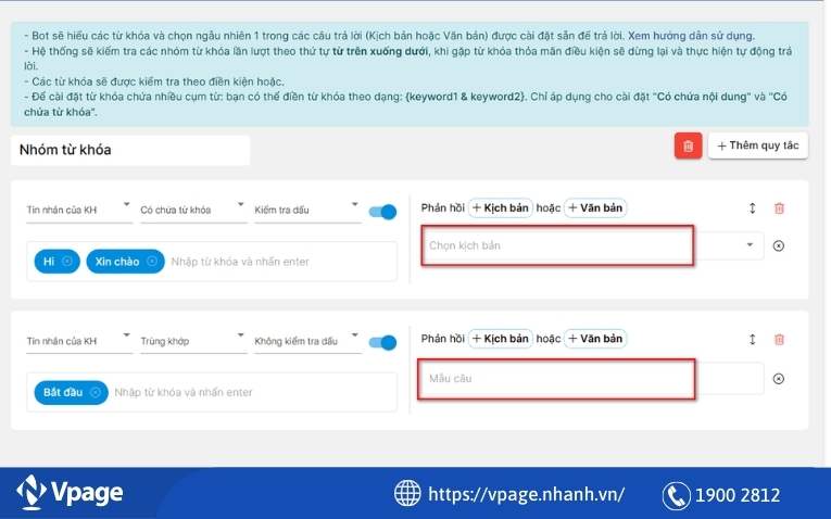 Cài đặt tạo kịch bản Chatbot theo từ khóa trên Vpage