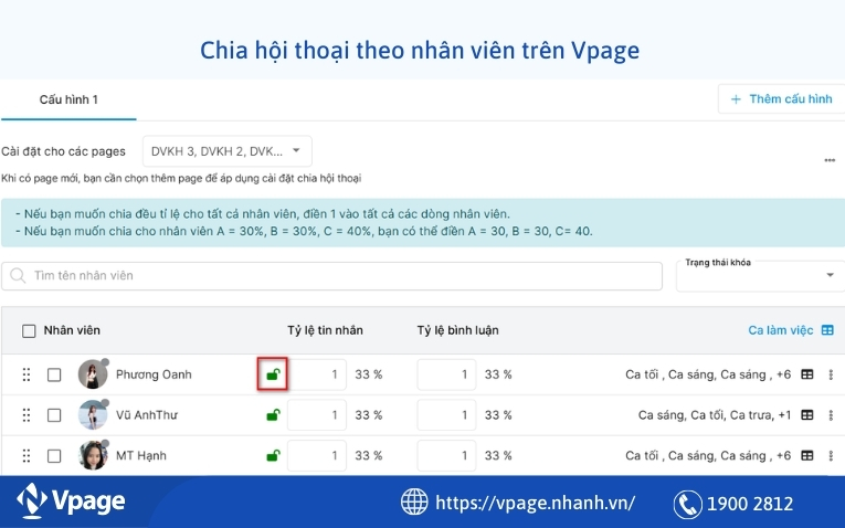 Cài đặt Chia hội thoại theo nhân viên trên Vpage 
