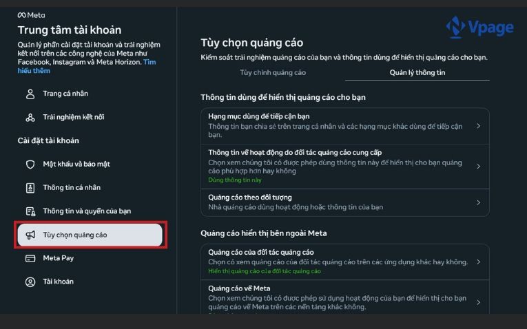 Người dùng quản lý cách thức hiển thị quảng cáo trên Facebook và Messenger.