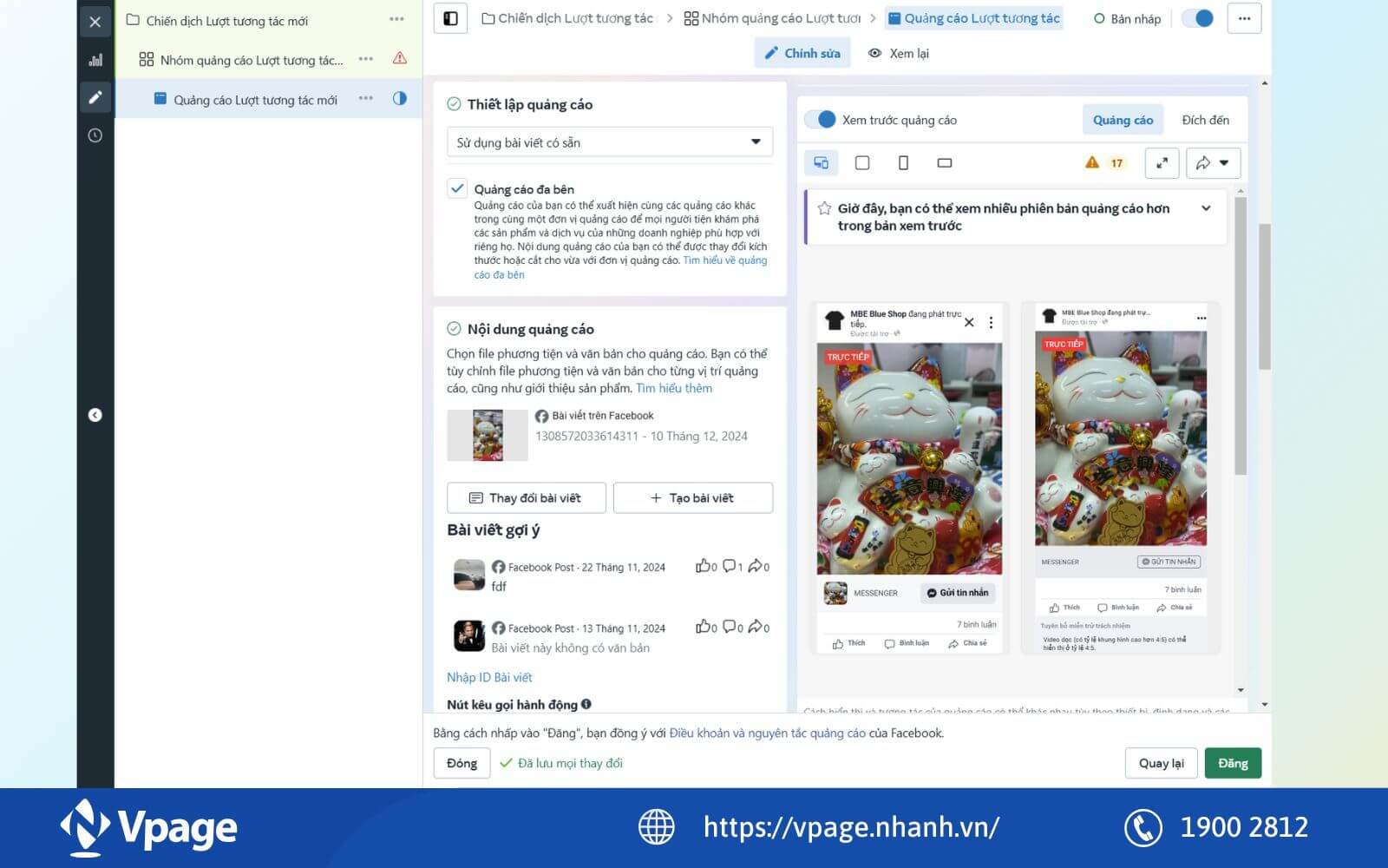 Chọn bài viết livestream có sẵn