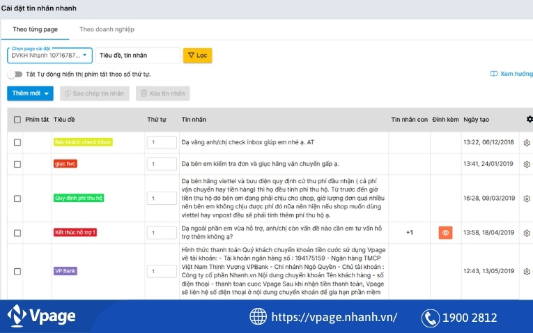Giao diện tạo tin nhắn mẫu đa dạng trên phần mềm Vpage 