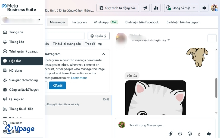 Giao diện hộp thư trên Meta Business Suite để quản lý tin nhắn khách hàng 