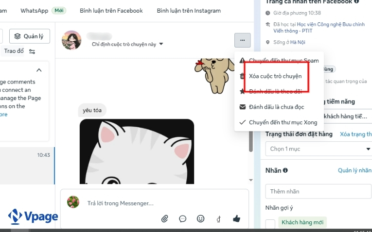 Nhấn Xóa cuộc trò chuyện để xóa toàn bộ đoạn chat