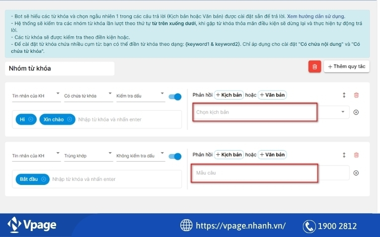 Tính năng tạo kịch bản chatbot theo từ khóa trên phần mềm Vpage 