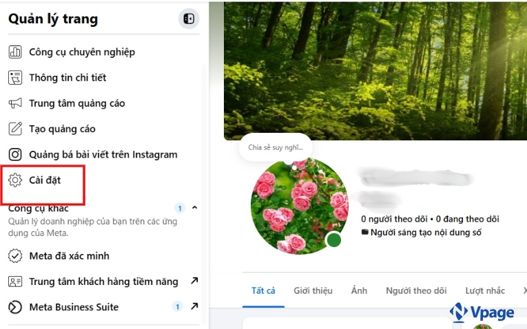 Chọn "Cài đặt" trên trang Fanpage của bạn