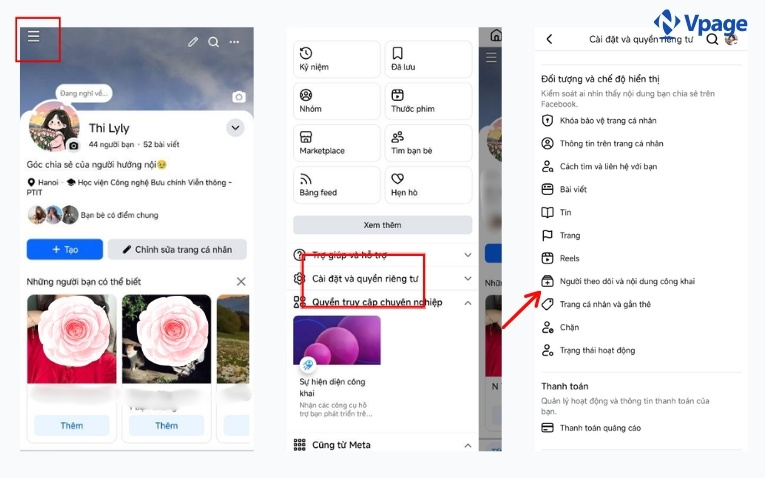 Chọn mục Người theo dõi và nội dung công khai