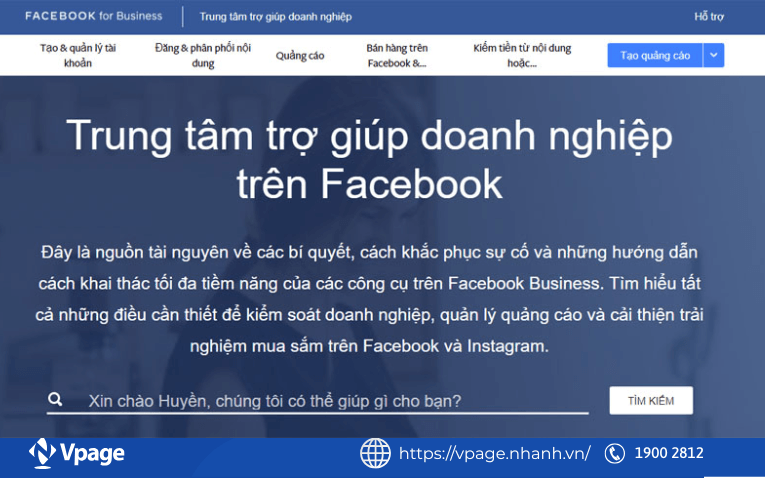 Giao diện Trung tâm trợ giúp doanh nghiệp trên Facebook
