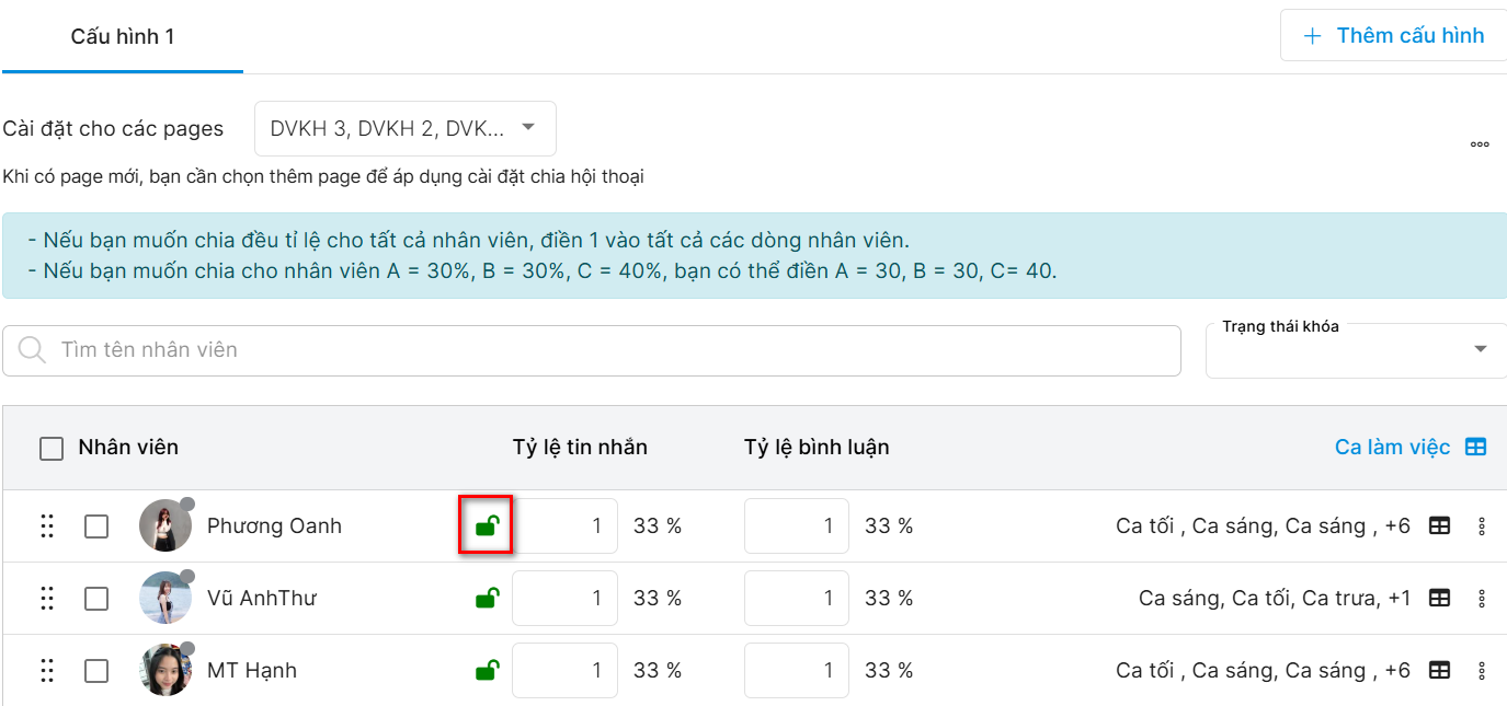 Phân chia hội thoại theo nhân viên trên Vpage 
