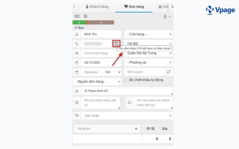  Tạo đơn hành trên khung chat tại Vpage 
