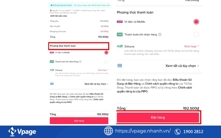 Chọn phương thức thanh toán và đặt hàng