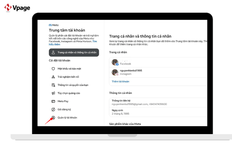 Chọn quản lý tài khoản 