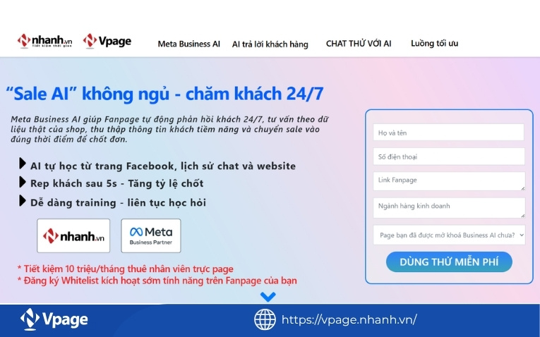 Quản lý Business AI Meta - tự động hóa chăm sóc khách hàng trên Vpage