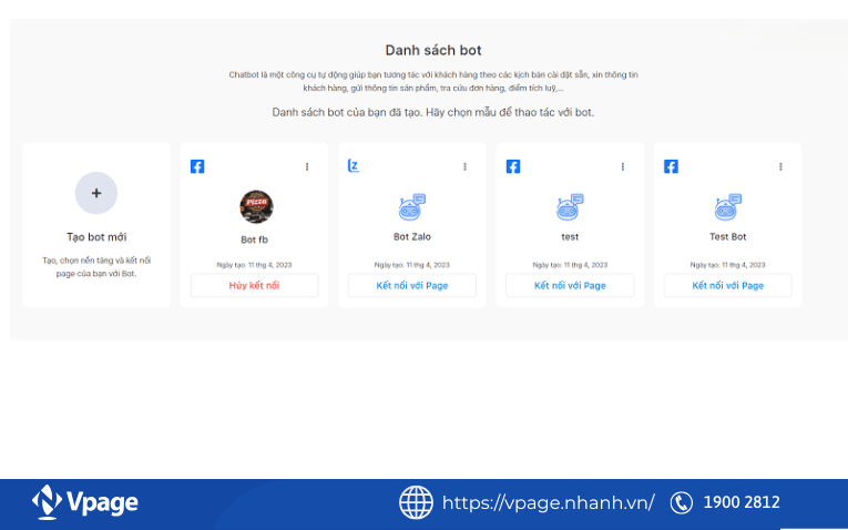Danh sách chatbot đã tạo