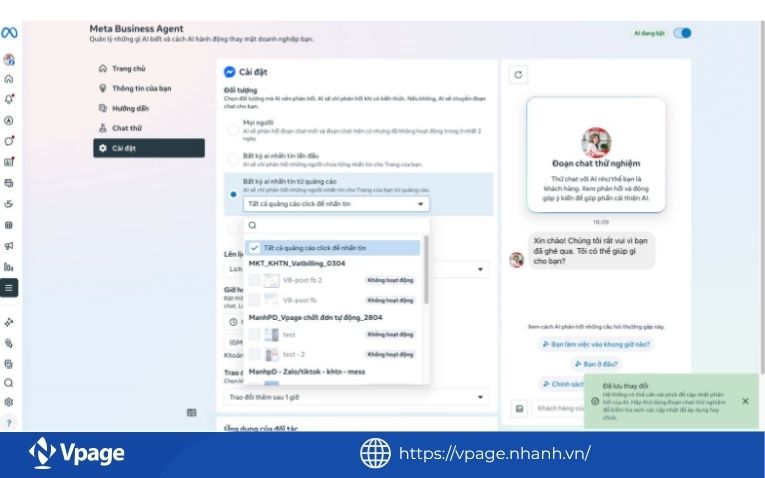 Chọn Tất cả quảng cáo click để nhắn tin