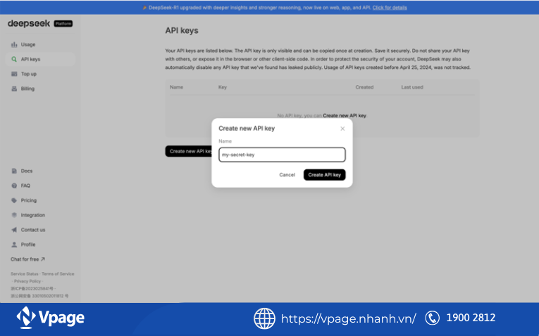 chọn Creat API key để tạo