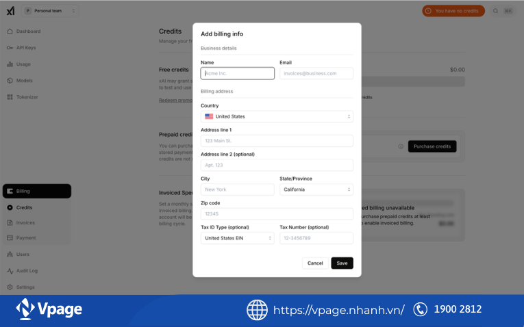 Đảm bảo tài khoản Grok của bạn còn đủ số dư trong Billing