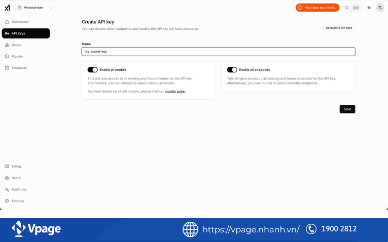 Chọn Creat API key để tạo