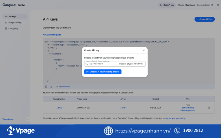 Chọn Creat API key để tạo