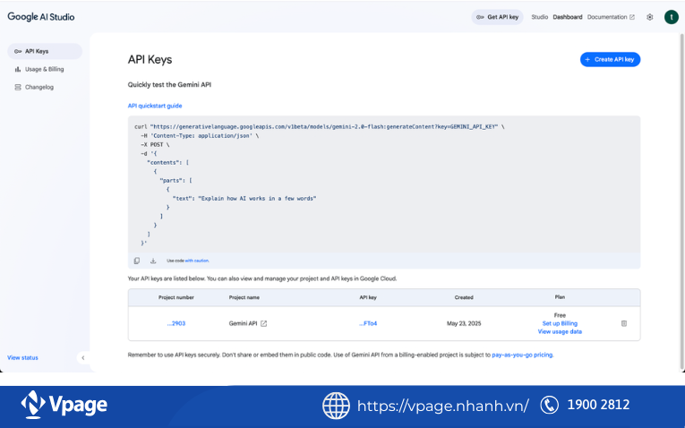 chọn Create API key
