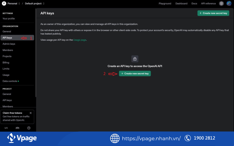 Vào phần API keys chọn Create New Secret Key